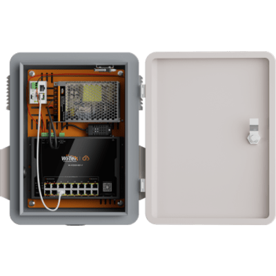 Gabinete todo en uno, protección IP55, switch PoE++ 90W BT, 16 puertos Gigabit, 2 SFP, 20 Gbps, sensores: temperatura, humedad y relay